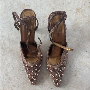 Pearl-Embellished Brown Heels